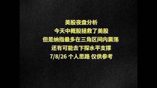 美股夜盘分析今天中概股拯救了美股但是纳指最多在三角区间内震荡 还有可能去下探水平支撑7/8/26 个人思路 仅供参考