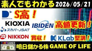 【明日のテンバガー株】データセクション！S高！イビデン！キオクシアホールディングス！スカパーJSATホールディングス！高値更新！ニッコンホールディングス！非公開化！KLab！堅調！【20260521】
