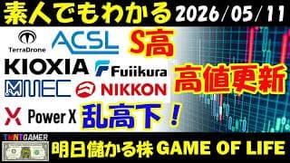 【明日のテンバガー株】Terra Drone！ACSL！S高！ニッコンホールディングス！フジクラ！メック！キオクシアホールディングス！高値更新継続！パワーエックス！乱高下！【20260511】