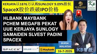 KS看股 | 马股 KLSE BURSA 分享 | 17-7-2026 | KERJAYA以1876万认购SUNLOGY 9.09%股权 | SpaceX股价跌破IPO价格 |SLVEST PEKAT