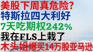 美股1167|美股下周真危险吗?特斯拉四大利好,再抓一只暴涨股!七天吃期权242%!我在 FLS上栽了,木头姐爆买14万股亚马逊! #tsla #amzn #fls #p #美股分析 #期权 #美股