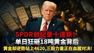 SPDR创纪录十连斩！全球最大黄金ETF遭神秘资金疯狂出货26吨，散户却逆势抄底站上4620，三股力量正在血腥对决！#黄金#白银