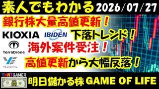 【明日のテンバガー株】銀行株大量高値更新！キオクシア！イビデン！下落トレンド継続！YE DIGITAL！高値更新から大幅調整！Terra Drone！ベルギー国防省案件の受注！【20260727】