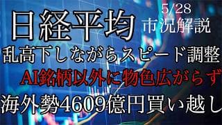5/28【日経平均】乱高下しながらスピード調整！AI銘柄以外に物色広がらず！海外勢は先週4609億円の買い越し！