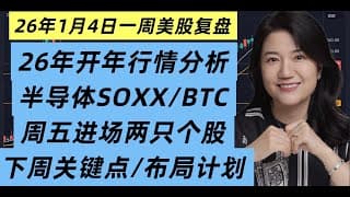 26年1月4日一周美股复盘，26年开年行情走势技术分析；下周交易关键点位及重要标准；交易计划；SPY标普；QQQ纳斯达克；BTCUSD比特币及相关个股；周五进场两只个股；半导体技术分析及重点布局
