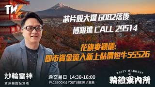 芯片股大爆 6082落後 博跟進 CALL 29514花旗麥穎儀:即市資金流入新上貼價恒牛55526 ｜雷神 Lino｜Tasty Warrants 2026-07-09
