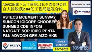 KS看股 | 马股 KLSE BURSA 分享 | 10-7-2026 | ADVCON旗下公司获得1.2亿令吉分包合同 | 合大控股获2.84亿工程局建筑合约 | SUNMED SUNCON