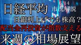 6/14【日経平均】日銀利上げでも上振れ余地あり！配当再投資で指数支えられる！来週の相場展望考察！