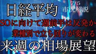 7/5【日経平均】週前半は反発か？業種別で立ち回りが変わる！来週の相場展望考察！