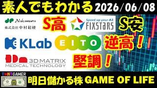 【明日のテンバガー株】日経大幅下落！中村超硬！S高！フィックスターズ！S安！KLab！ASAHI EITOホールディングス！逆高！スリー・ディー・マトリックス！堅調！【20260608】