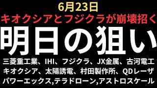 【キオクシアとフジクラが崩壊招く】チャートで見る明日の注目銘柄｜三菱重工業、IHI、フジクラ、古河電工、JX金属、キオクシア、太陽誘電、村田製作所、QDレーザ、パワーエックス、テラドローン、アストロ