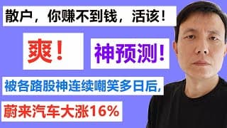 散户，你赚不到钱，活该！美股预测的神预测，跟上个月的预测完全吻合!蔚来汽车NIO大涨16%，拼多多PDD大涨4.6%