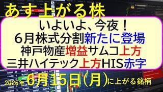 いよいよ、今夜！６月株式分割が新登場。神戸物産増益。三井ハイテック上方修正。HIS赤字。サムコ上方～あす上がる株　2026年６月１５日（月）に上がる銘柄。最新の日本株情報。高配当株の株価やデイトレ情報