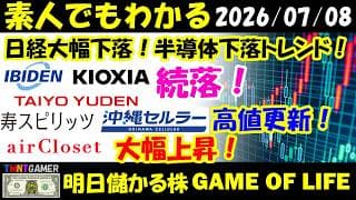 【明日のテンバガー株】日経大幅下落！半導体全体下落トレンド？キオクシア！イビデン！太陽誘電！続落！沖縄セルラー電話！寿スピリッツ！高値更新！エアークローゼット！大幅上昇！【20260708】