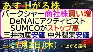 バークシャーが商社株買い増し。DeNAにアクティビスト。三井物産安値。中外製薬安値。ＳＵＭＣＯがS高～あす上がる株　2026年７月２日（木）に上がる銘柄。最新の日本株情報。高配当株の株価やデイトレ情報