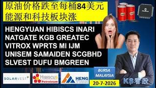 KS看股 | 马股 KLSE BURSA 分享 | 20-7-2026 | 原油价格跌至每桶84美元| 能源和科技板块涨 | HENGYUAN HIBISCS INARI NATGATE KGB