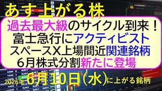 過去最大級のサイクル到来！富士急行にアクティビスト。スペースX上場間近、関連銘柄。新・６月株式分割～あす上がる株　2026年６月１０日（水）に上がる銘柄。最新の日本株情報。高配当株の株価やデイトレ情報