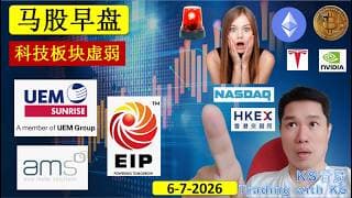 KS看股 | 马股 KLSE BURSA 早盘 分享 | 6-7-2026 | 科技板块虚弱 | UEMS EIPOWER AUMAS AMS ATECH
