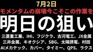 【モメンタム崩壊でこの作業を！】チャートで見る明日の注目銘柄｜三菱重工業、IHI、フジクラ、古河電工、JX金属、三井金属、キオクシア、SBG、太陽誘電、村田、AIメカ、カバー、タイミー、QPS、ラクス