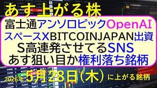 富士通、アンソロピック・OpenAIと提携。スペースＸにＢＩＴＣＯＩＮＪＡＰＡＮが出資。権利落ち。～あす上がる株　2026年５月２８日（木）に上がる銘柄。最新の日本株情報。高配当株の株価やデイトレ情報
