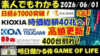 【明日のテンバガー株】日経67000突破！アクセルマーク！S高！キオクシア！70000突破！時価総額40兆へ！ツガミ！KOA！高値更新！スリー・ディー・マトリックス！400割れ！【20260601】