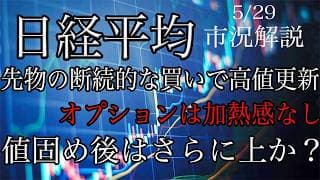 5/29【日経平均】先物の断続的な買いも入り高値更新！オプションは加熱感なし！目先は値固めしてさらに上か？