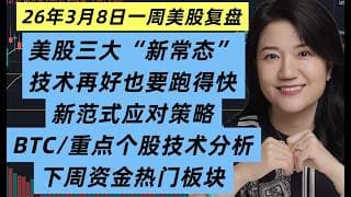 3月8日一周美股复盘，今年美股出现三大“新常态”；新模式交易应对策略；长得帅不如跑得快；QQQ下周关键点位及交易注意事项；分化剧烈行情重点个股走势技术分析；BTCUSD比特币；下周资金重点板块个股等