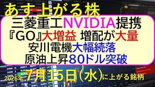 三菱重工がNVIDIAと提携。『GO』が大増益。増配が大量。 安川電機が大幅続落。原油８０ドル突破～あす上がる株　2026年７月１５日（火）に上がる銘柄。最新の日本株情報。高配当株の株価やデイトレ情報