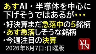 あすの日本市場の見通し。 好決算なのに急落中の５銘柄。あす急落しそうな銘柄。今週注目の決算。６月７日:日曜版～あす上がる株。最新の日本株情報～