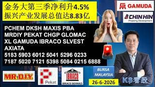 KS看股 | 马股 KLSE BURSA 分享 | 26-6-2026 | 金务大第三季净利升4.5% 振兴产业发展总值达8.83亿 | PCHEM DKSH PBA MRDIY GAMUDA