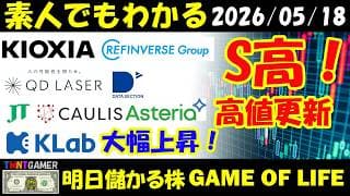 【明日のテンバガー株】リファインバスグループ！キオクシアホールディングス！QDレーザ！データセクション！S高！JT！カウリス！アステリア！高値更新！KLab！大幅上昇！【20260518】