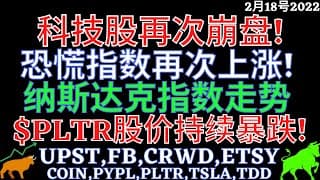 科技股再次崩盘! 恐慌指数再次上涨! 纳斯达克指数走势 $PLTR股价持续暴跌! UPST,FB,CRWD,ETSY,COIN,PYPL,PLTR,TSLA,TDD