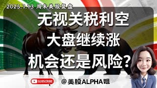 【美股Alpha姐】2025.7.13 周末美股复盘｜美无视关税利空，大盘继续涨，机会还是风险？｜BTC，TSLA，HOOD，COIN，恒生，苹果趋势和点位｜关于“大渣男”行情