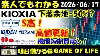 【明日のテンバガー株】日経最高値更新！キオクシア！下落余地50%？日本ケミコン！S高！イビデン！ツガミ！NGK！連続高値更新！スリー・ディー・マトリックス！機関短期買戻し！【20260616】