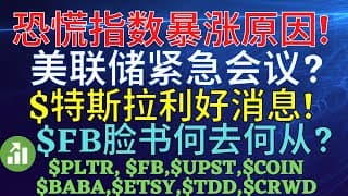 恐慌指数暴涨原因! 美联储紧急会议? $特斯拉利好消息! $FB脸书何去何从? $PLTR, $FB,$UPST,$COIN,$BABA,$ETSY,$TDD,$CRWD
