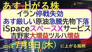 アメリカ・イランの停戦が失効！あす厳しい。原油急騰。先物下落。iSpaceがスペースXのサービス。～あす上がる株　2026年７月８日（水）に上がる銘柄。最新の日本株情報。高配当株の株価やデイトレ情報