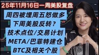 11月16日一周美股复盘，周四被埋周五开盘怒做多，下周美股继续回调还是反转？SPY标普，QQQ纳斯达克下周关键点；交易计划更新；BTCUSD比特币及其周边个股；巴菲特建仓；重要科技潜力股；交易心得交流