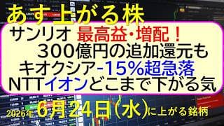 サンリオ 最高益・増配！３００億円の追加還元検討も！キオクシアが-１５％超急落。ＮＴＴ、イオン下げ～あす上がる株　2026年６月２４日（水）に上がる銘柄。最新の日本株情報。高配当株の株価やデイトレ情報