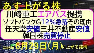 川崎重工とエアバスが提携。ソフトバンクグループが１２％超の急落、その理由。韓国株で売買停止。～あす上がる株　2026年６月２６日（金）に上がる銘柄。最新の日本株情報。高配当株の株価やデイトレ情報