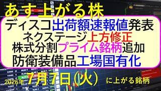 ディスコが出荷額速報値を発表。防衛装備品、工場を国有化へ。ネクステージが上方修正。株式分割追加。～あす上がる株　2026年７月７日（火）に上がる銘柄。最新の日本株情報。高配当株の株価やデイトレ情報