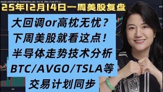 12月14日一周美股复盘，美股要崩盘还是高枕无忧？下周交易关键点就看它；半导体要完？代表性个股走势技术分析及关键点位；SPY标普，QQQ纳斯达克；BTCUSD比特币及相关美股；下周交易计划更新~