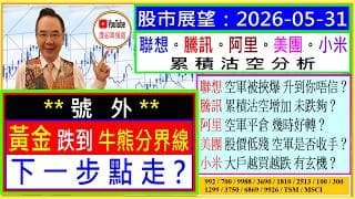 👉號外：黃金 跌到牛熊分界線 下一步點走？🙄/阿里 空軍平倉 幾時好轉？🤔/騰訊 沽空增 未跌夠？😬/聯想 空軍被挾爆 有排升？💥/美團 空軍有否收手？😣/小米 大戶越買越跌？😅/2026-05-31