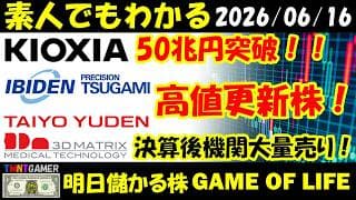 【明日のテンバガー株】日経軟調でも！キオクシア！時価総額50兆円突破！次100兆円？イビデン！ツガミ！太陽誘電！高値更新！スリー・ディー・マトリックス！決算後機関大量売り！【20260616】