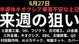 【暴落受け週明けどう動く、違和感も】チャートで見る月曜の注目銘柄｜三菱重工、IHI、フジクラ、古河電工、JX金属、三井金属、キオクシア、SBG、太陽誘電、村田、QDレーザ、AIメカ、地盤ネット、カバー