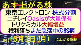 東京エレクトロンが株式分割と自社株買い。ニチレイ、Oasisが大量保有。権利落ちまだ急落中の銘柄～あす上がる株　2026年６月１日（月）に上がる銘柄。最新の日本株情報。高配当株の株価やデイトレ情報
