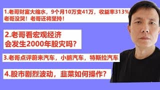 1.老哥财富大缩水，9个月10万变41万，收益率313%老哥没哭！老哥还将坚持！2.老哥看宏观经济会发生2000年股灾吗？3.老哥点评蔚来汽车，小鹏汽车，特斯拉汽车4.股市剧烈波动，韭菜如何操作？