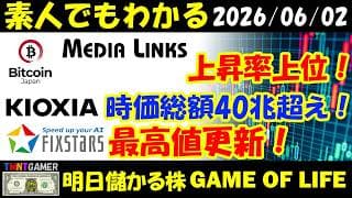 【明日のテンバガー株】日経乱高下！キオクシア！時価総額40兆超！フィックスターズ！最高値更新！3000突破！Bitcoin Japan！上昇率1位！メディアリンクス！大幅上昇！【20260602】