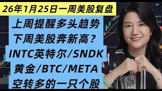 26年1月25日一周美股复盘，上周提醒多头趋势 ，下周继续？INTC财报大跌如何操作；SNDK存储；BTCUSD比特币；问题少年；空转多的一只标的；GLD黄金；SPY标普，QQQ纳斯达克走势技术分析